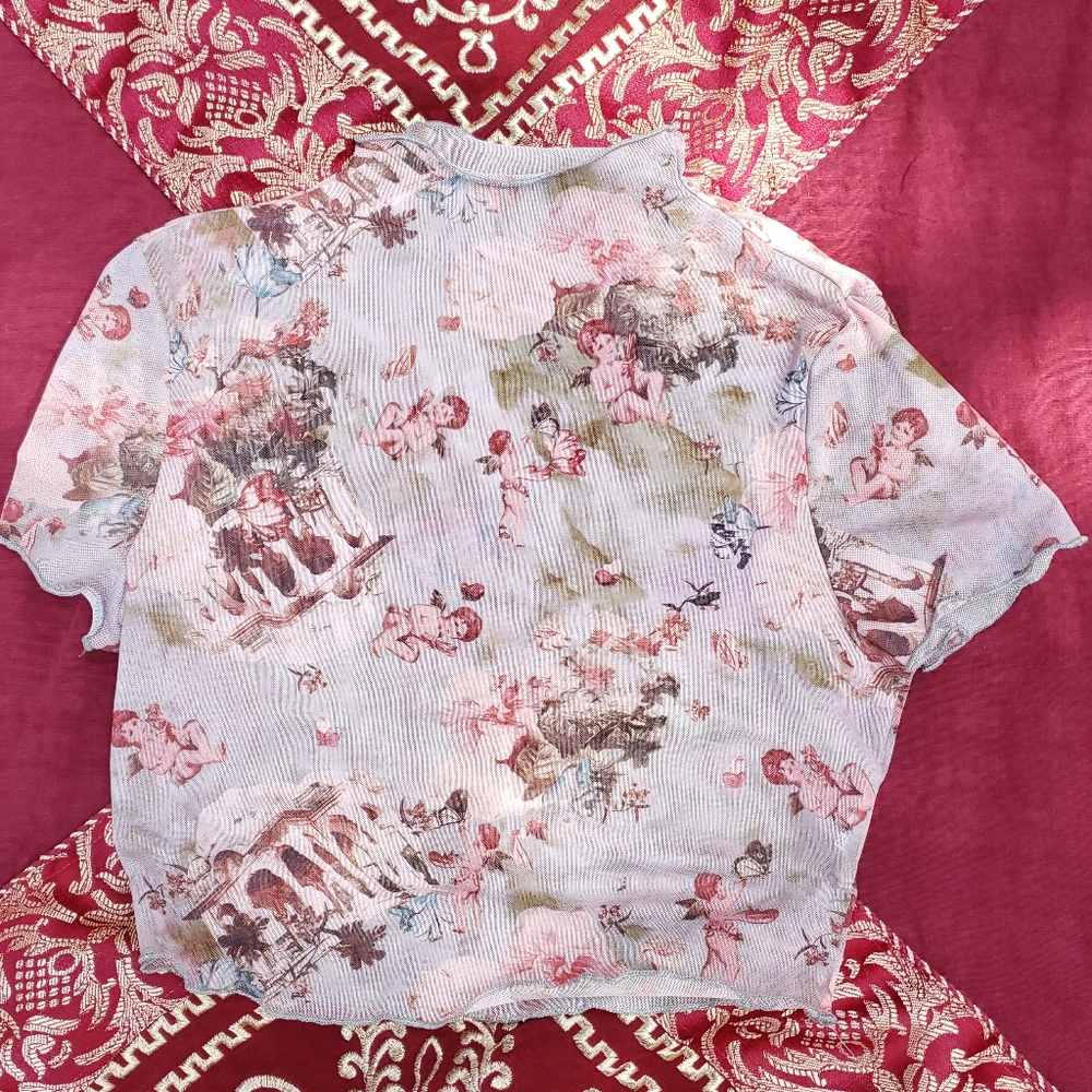 Baby Angel Print Sheer Mesh Women's Top
